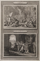 KG 12143
<br/>
Illustraties uit de Bijbel van Martin, I Makkabeeën. I.49-57 & II Makkabeeën VI.18, Antiochus ontheiligd de tempel & Eleazar gedood omdat hij weigert verbodene spijze te eten.
<br/>
<em>Baptist, Jacobus (1658/1678-1704)</em>